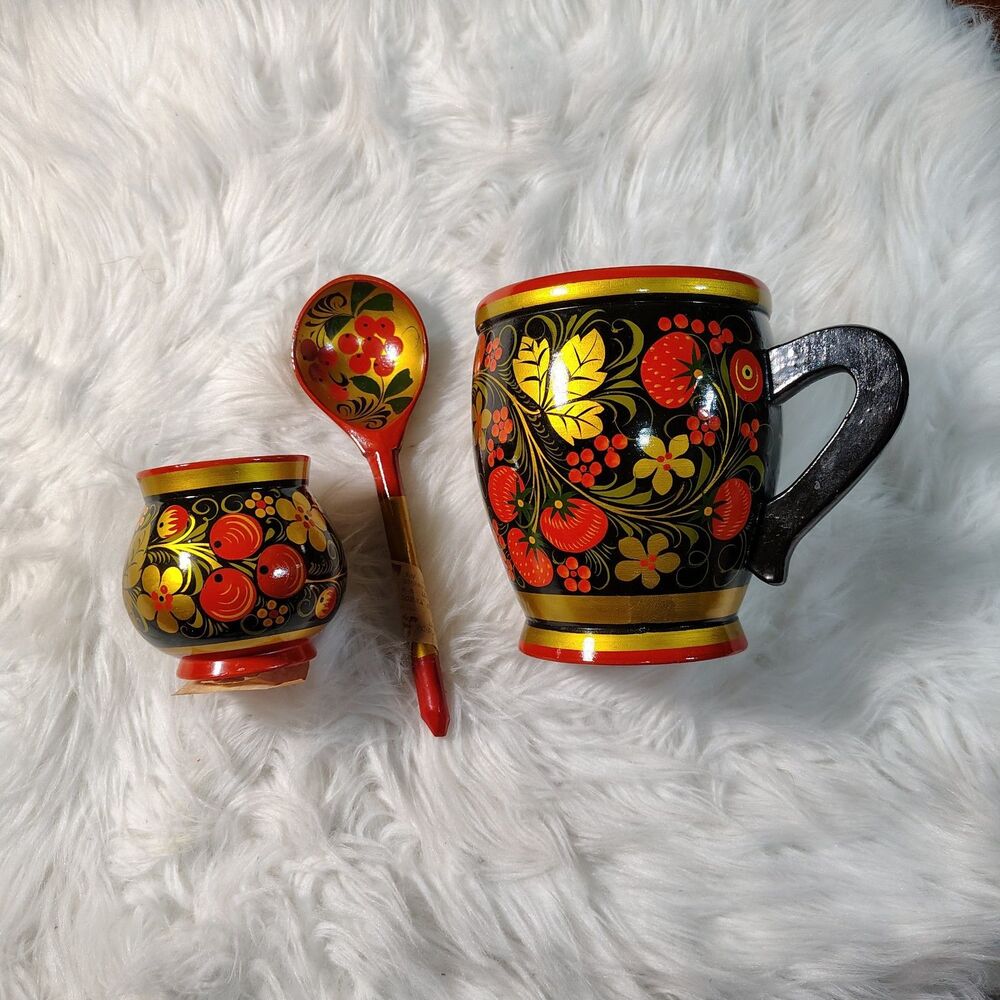 VTG Russian Hand Painted Wood Cups And Spoon Lot Of 3